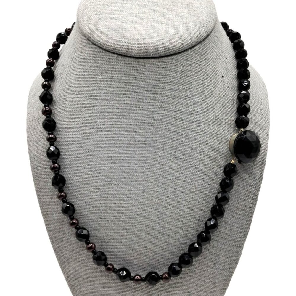 Western Germany Beaded Necklace Purple Black Faceted Glass Signed Vintage Costum
